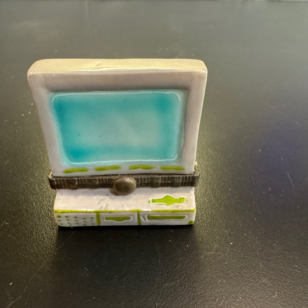 Ceramic Computer Trinket Box Small White Teal Retro Tech Hinged Mini Keyboard